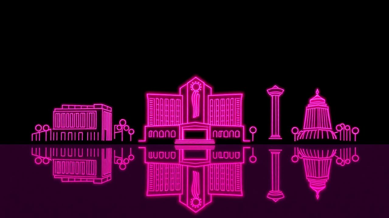 Minimalistische neon roze silhouetten van casino gebouwen op een donker oppervlak met spiegelreflectie