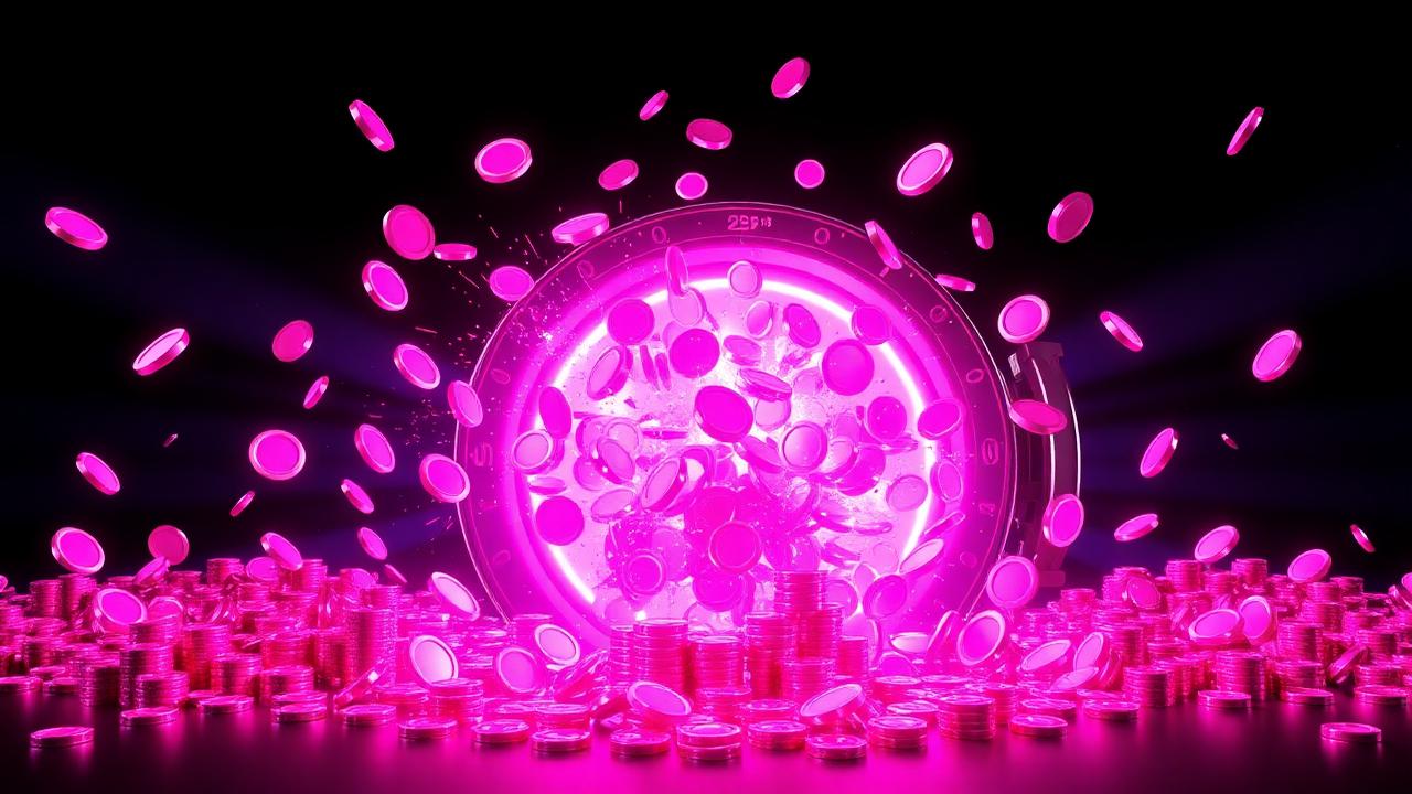 Cascade van glanzende magenta munten die uit een neon roze jackpot vault stroomt