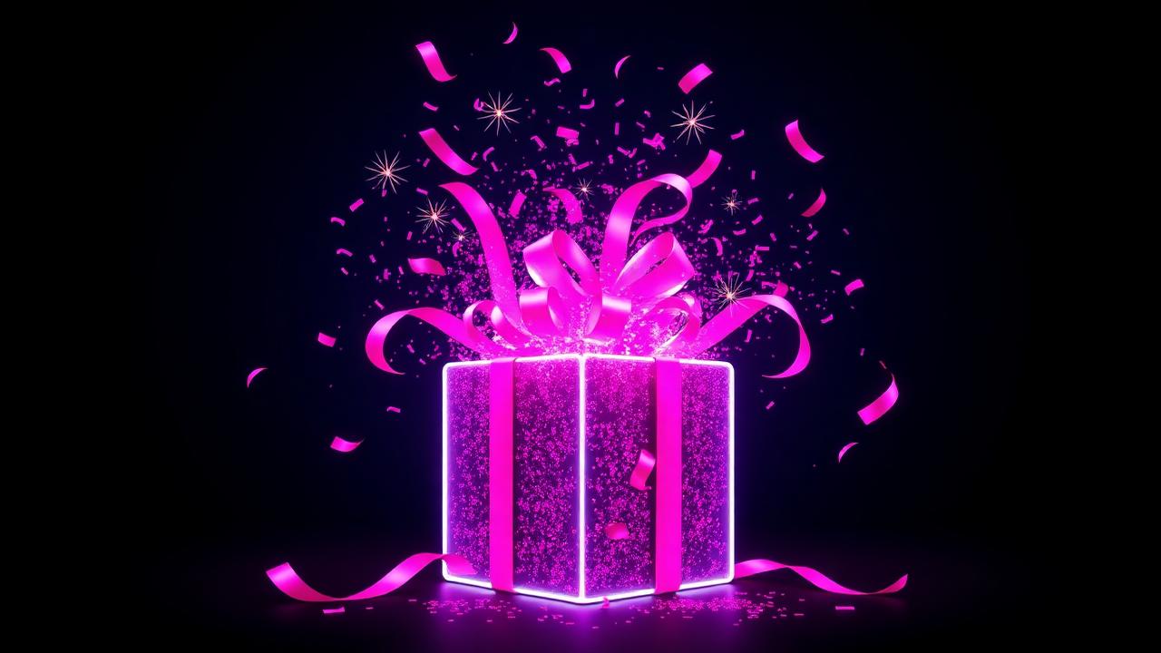 Glanzende neon roze cadeaubox met magenta confetti en sterren tegen een donkere achtergrond