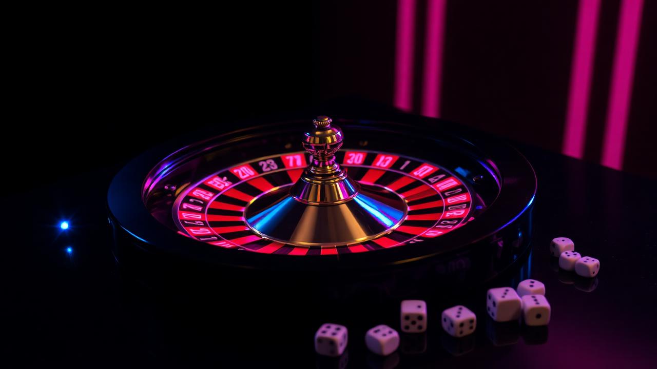 Roulette wiel in neon roze en magenta licht met dobbelstenen op een donkere reflecterende ondergrond